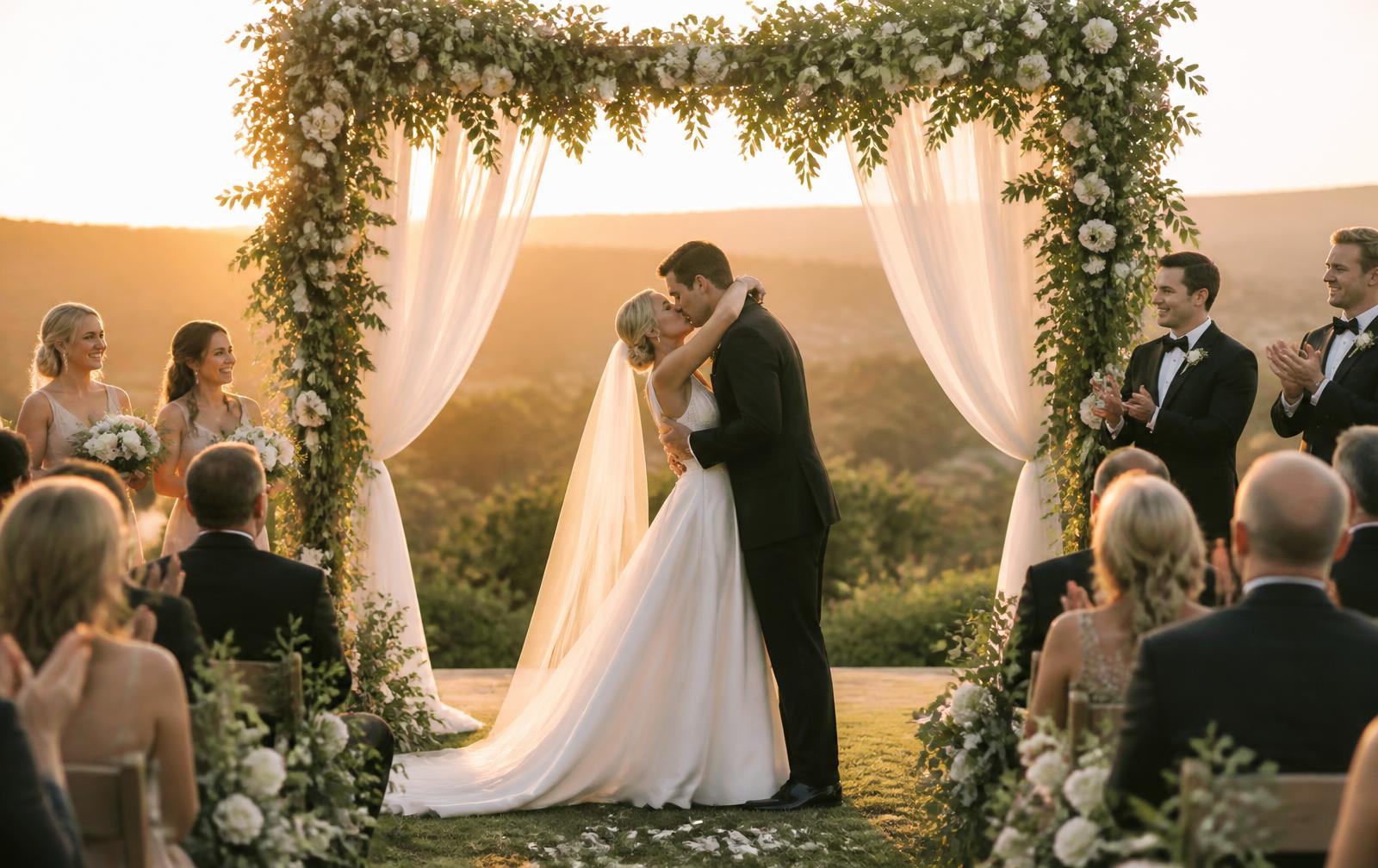 Outdoor ceremony arch at golden hour